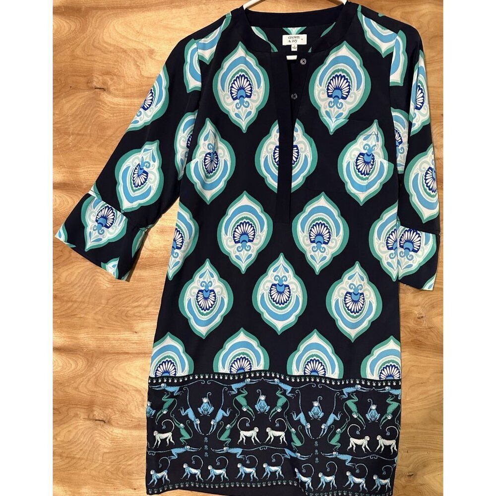 Crown & Ivy Woman Sz 2 3/4 sleeve peacock shift dress Monkey